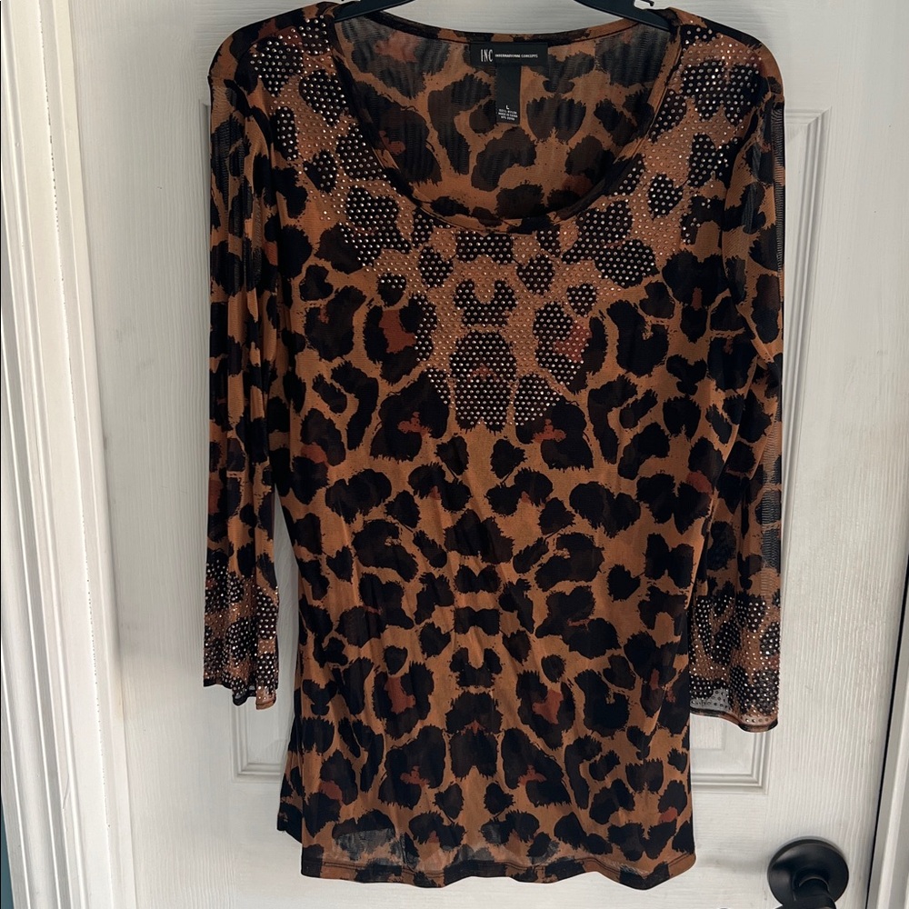 INC  Leopard Print Top L